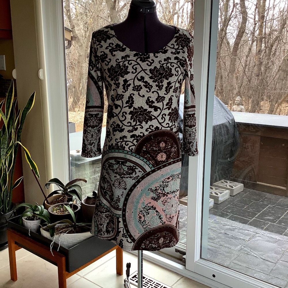 Papillon jersey knit 3/4 sleeve, multi coloured print dress size M